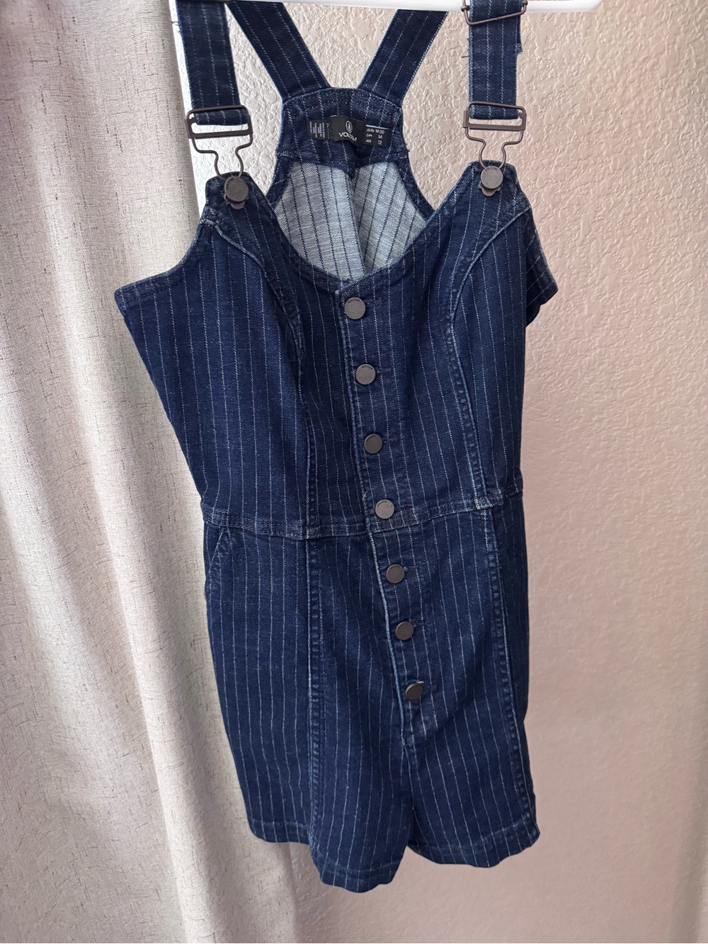 Volcom Navy Pinstripe Denim Button-Front Overall Shorts